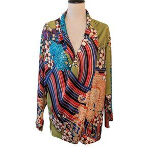 Natori Womens Plus Size 2X Colorful Floral Stipes Draped Neck Art To Wear Top